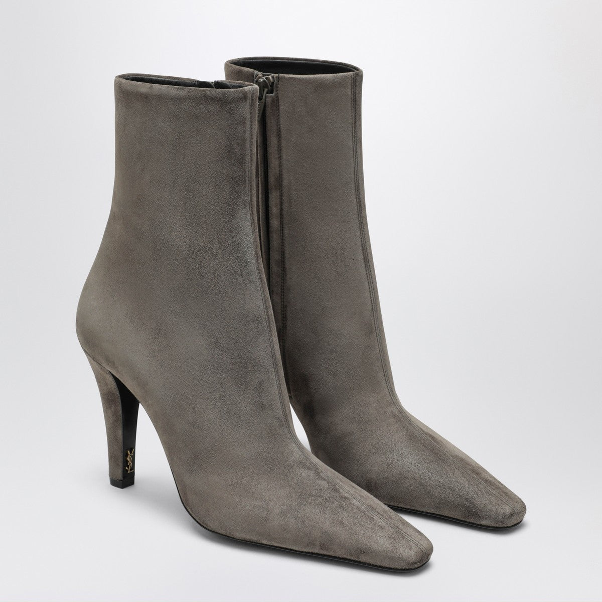 Saint Laurent Grey Jill Suede Ankle Boots with Bronze Cassandre Heel Detail Grey