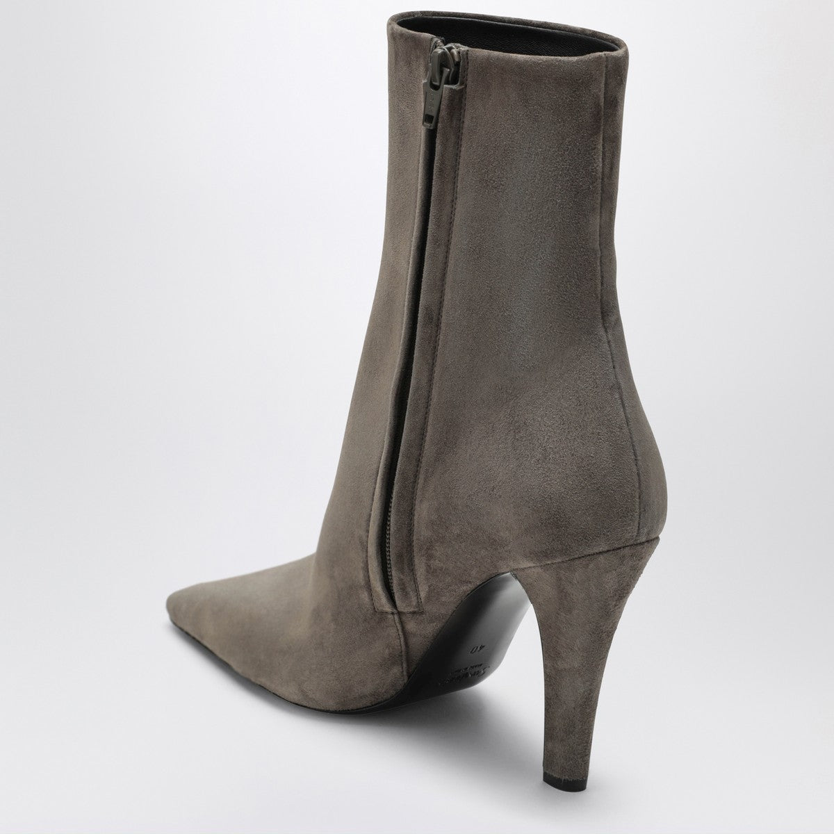 Saint Laurent Grey Jill Suede Ankle Boots with Bronze Cassandre Heel Detail Grey
