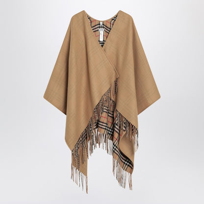 Burberry Beige Wool Cape with Iconic Check Lining and Fringed Edges Beige