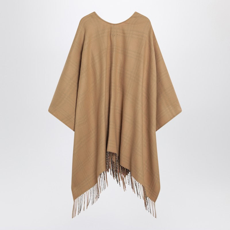 Burberry Beige Wool Cape with Iconic Check Lining and Fringed Edges Beige