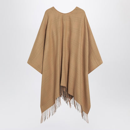 Burberry Beige Wool Cape with Iconic Check Lining and Fringed Edges Beige