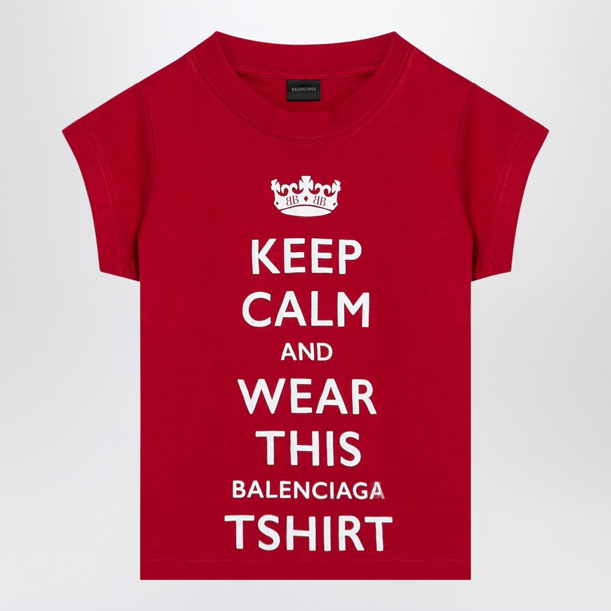 Balenciaga Red Cropped Cotton T-Shirt with Contrasting Keep Calm Logo Red