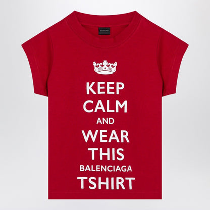 Balenciaga Red Cropped Cotton T-Shirt with Contrasting Keep Calm Logo Red