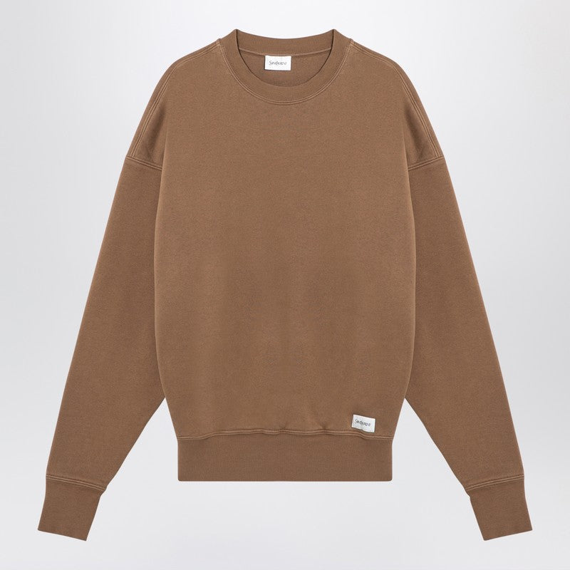 Saint Laurent Caramel Plush Cotton Crewneck Sweatshirt with Logo Patch - Brown