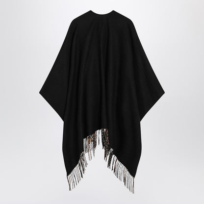Burberry Black Wool Cape with Iconic Check and Fringed Edges Black