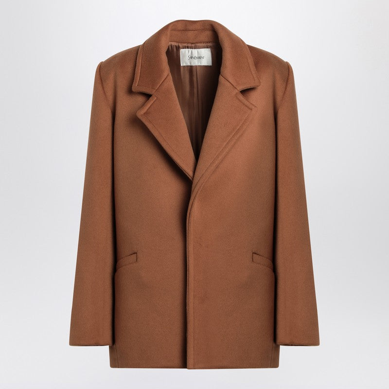 Saint Laurent Camel Wool Short Coat with Classic Lapels