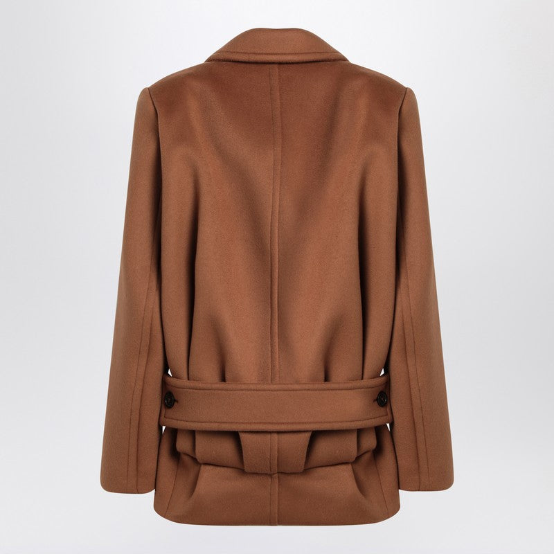 Saint Laurent Camel Wool Short Coat with Classic Lapels
