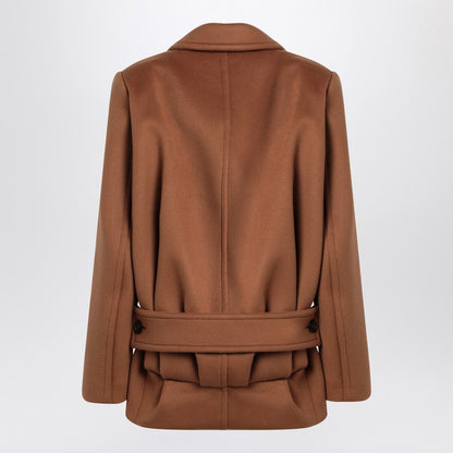 Saint Laurent Camel Wool Short Coat with Classic Lapels