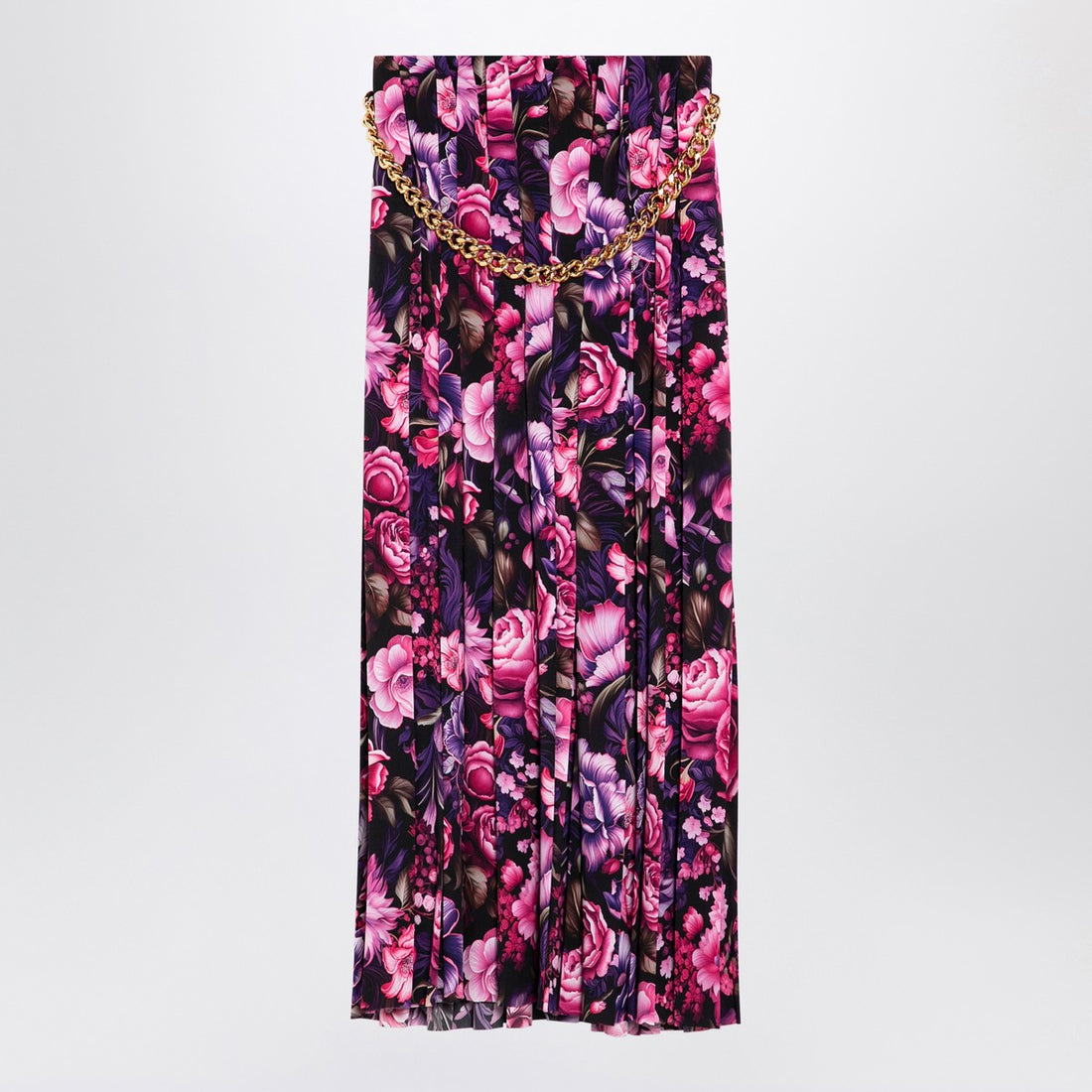 Balenciaga Long Pleated Floral Satin Skirt with Chain Detail Purple