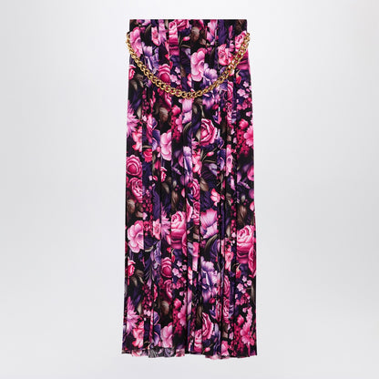 Balenciaga Long Pleated Floral Satin Skirt with Chain Detail Purple