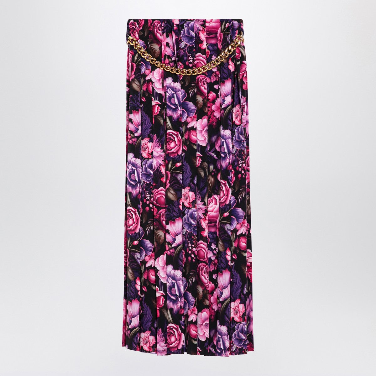 Balenciaga Long Pleated Floral Satin Skirt with Chain Detail Purple