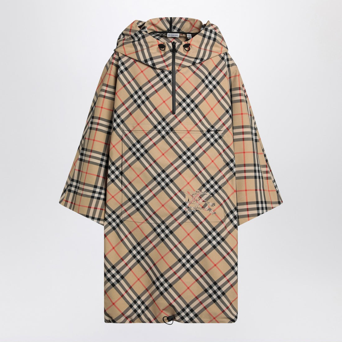 Burberry Beige Hooded Check Poncho with Drawstring and Equestrian Knight Logo Beige