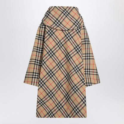 Burberry Beige Hooded Check Poncho with Drawstring and Equestrian Knight Logo Beige