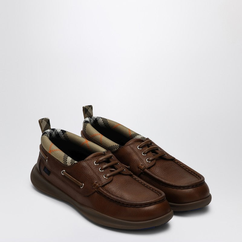 Burberry Brown Leather Loafers with Check Trim Brown