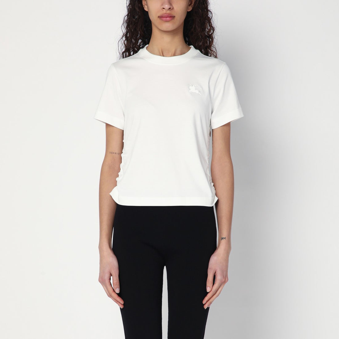 Burberry White Cotton T-shirt with Check Panel and EKD Embroidery White