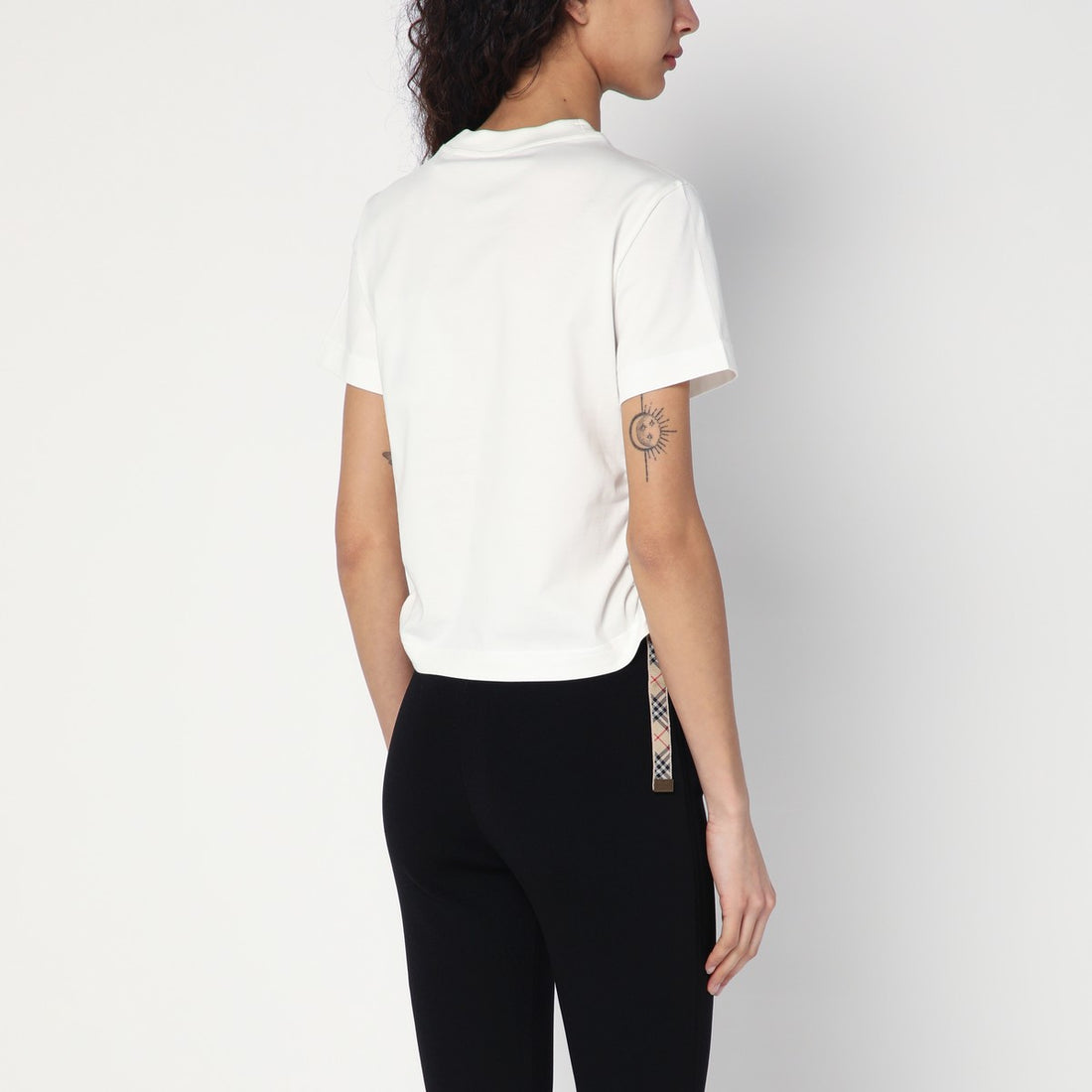 Burberry White Cotton T-shirt with Check Panel and EKD Embroidery White