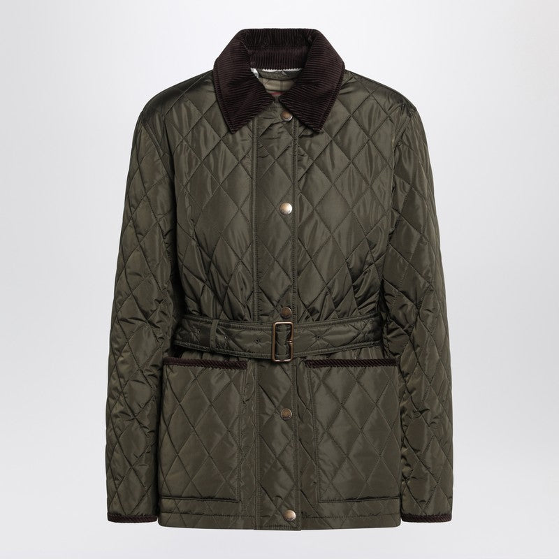 Burberry Dark Green Quilted Velvet-Collar Nylon Jacket Green