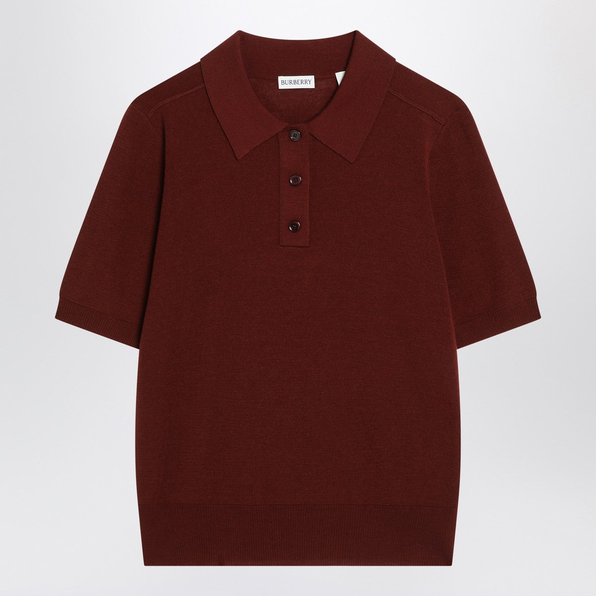 Burberry Wool Polo Shirt with Check-Trim Button Placket Burgundy