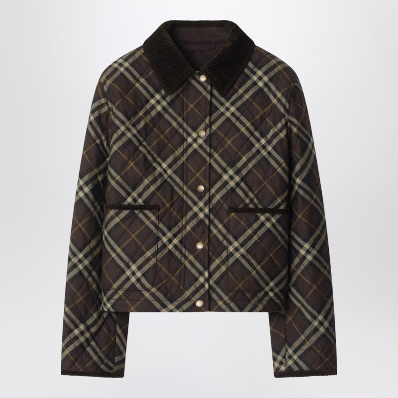 Burberry Cropped Quilted Nylon Jacket with Check Pattern Brown