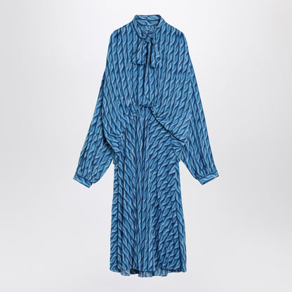 Balenciaga Midi Bow Print Silk Dress Blue