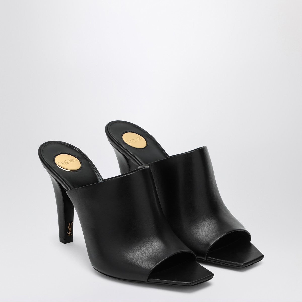 Saint Laurent Black Leather Jill Square-Toe Mules with Cassandre Heel Black