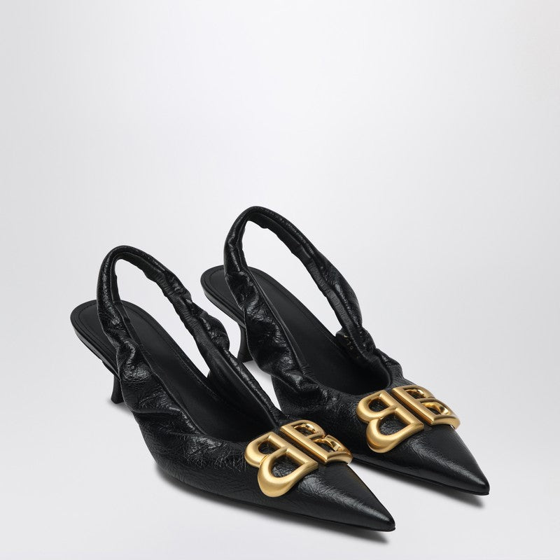 balenciaga monaco pointed-toe black slingback with gold bb logo black