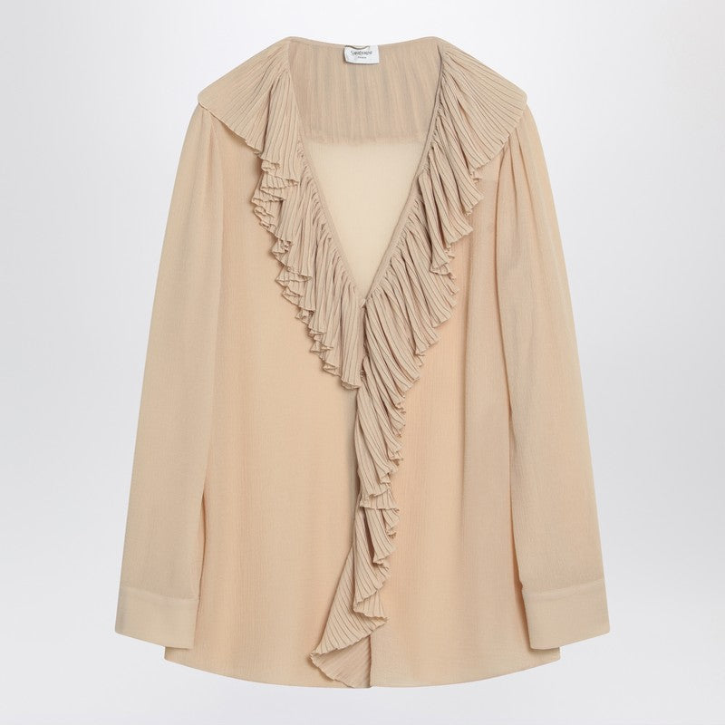 Saint Laurent Beige Silk Ruffled Blouse with Semi-Sheer V-Neck Detail Beige
