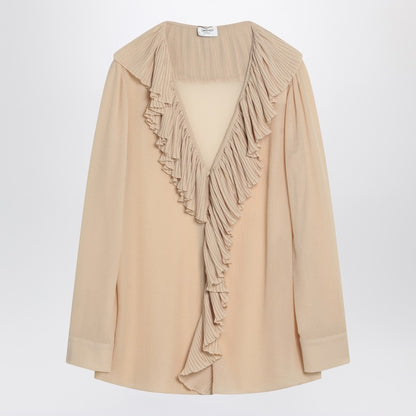 Saint Laurent Beige Silk Ruffled Blouse with Semi-Sheer V-Neck Detail Beige
