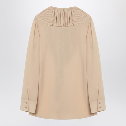 Saint Laurent Beige Silk Ruffled Blouse with Semi-Sheer V-Neck Detail Beige