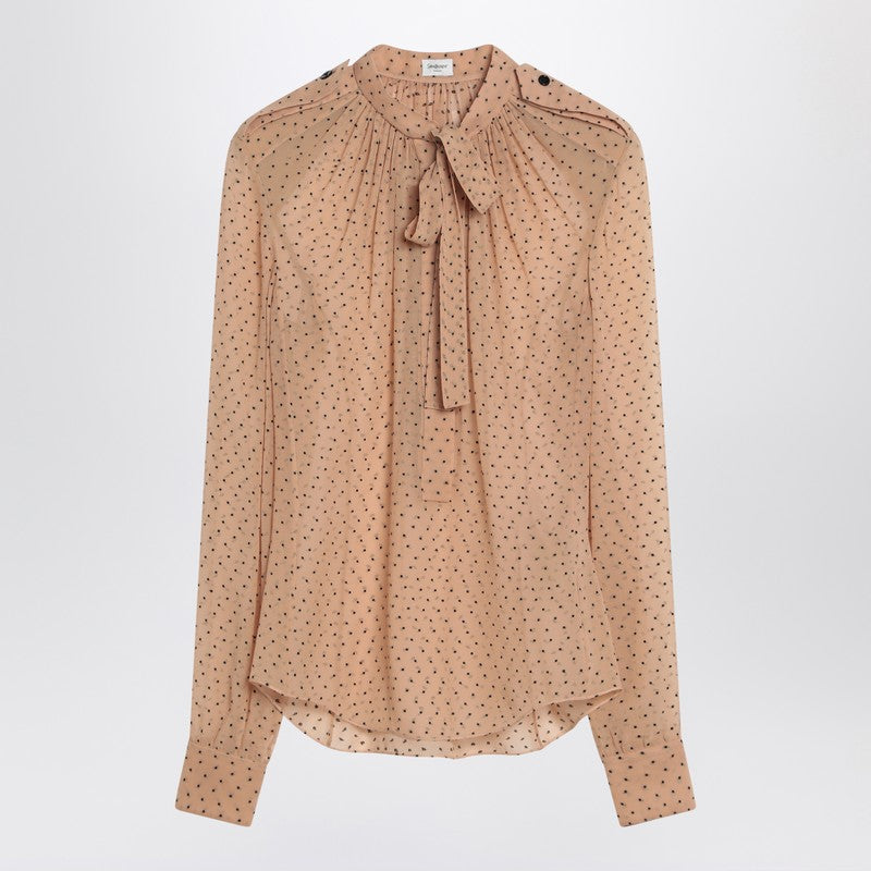 Saint Laurent Polka-Dot Silk-Blend Blouse with Bow Beige