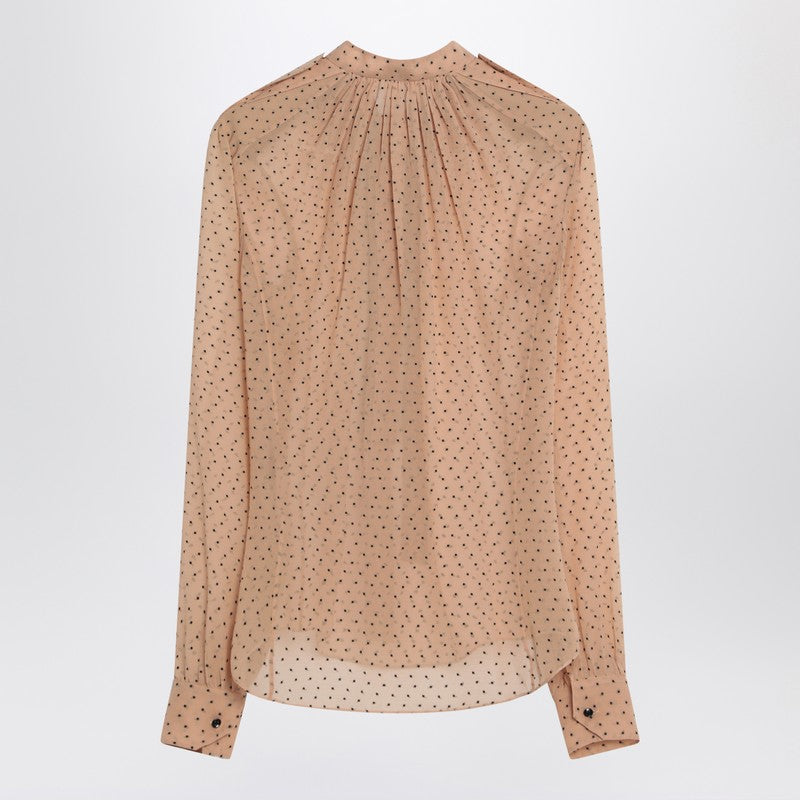Saint Laurent Polka-Dot Silk-Blend Blouse with Bow Beige