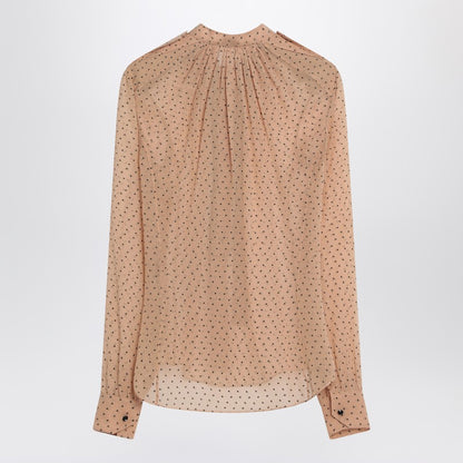 Saint Laurent Polka-Dot Silk-Blend Blouse with Bow Beige