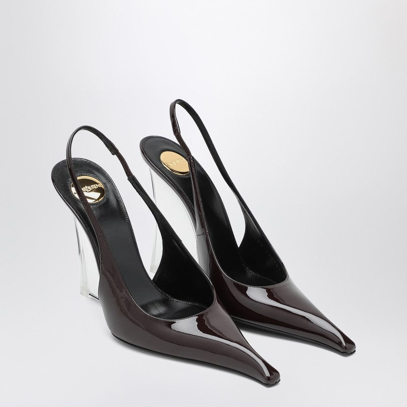 Saint Laurent Brown Glossy Leather Wedge Pumps with Transparent Heel Brown