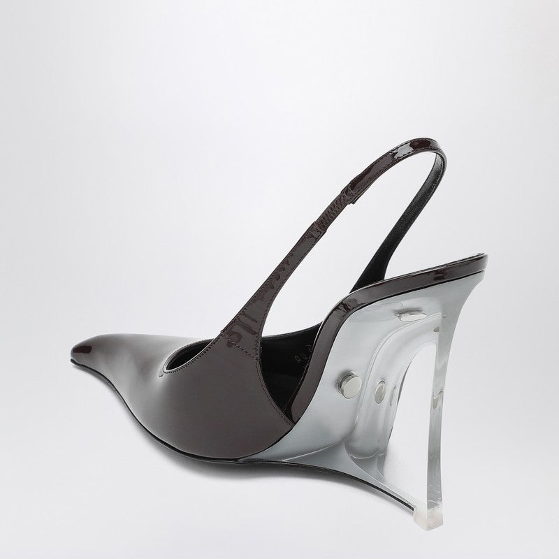 Saint Laurent Brown Glossy Leather Wedge Pumps with Transparent Heel Brown
