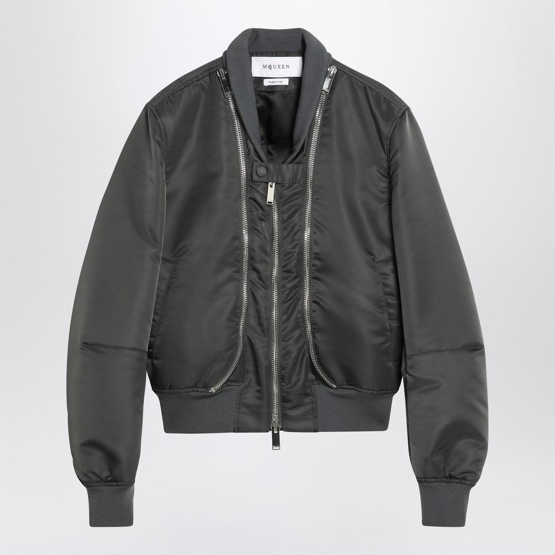 Alexander Mcqueen Grey Nylon Zipped Bomber Jacket with Check Lining Grey