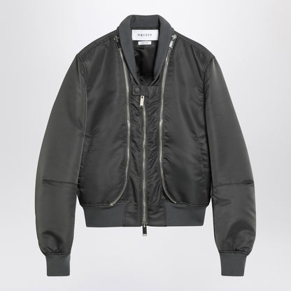 Alexander Mcqueen Grey Nylon Zipped Bomber Jacket with Check Lining Grey