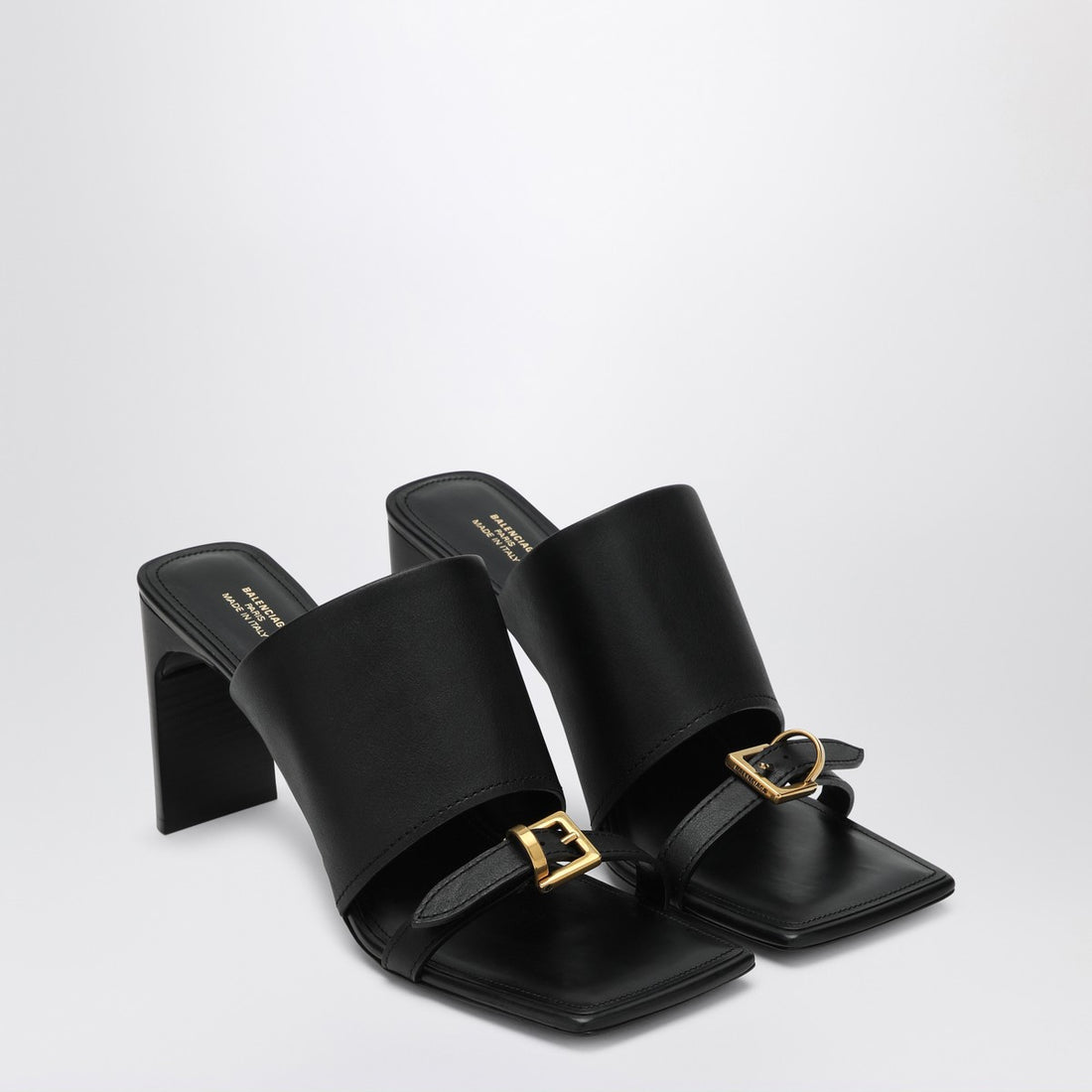 balenciaga bel air black leather sandals with gold buckle and high heel black