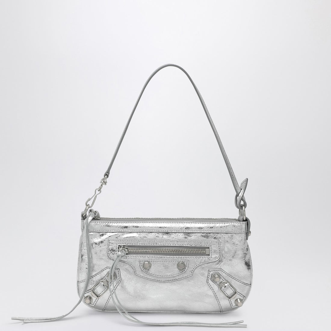 Balenciaga Silver Metallic Arena Shoulder Pouch in Lambskin Metal