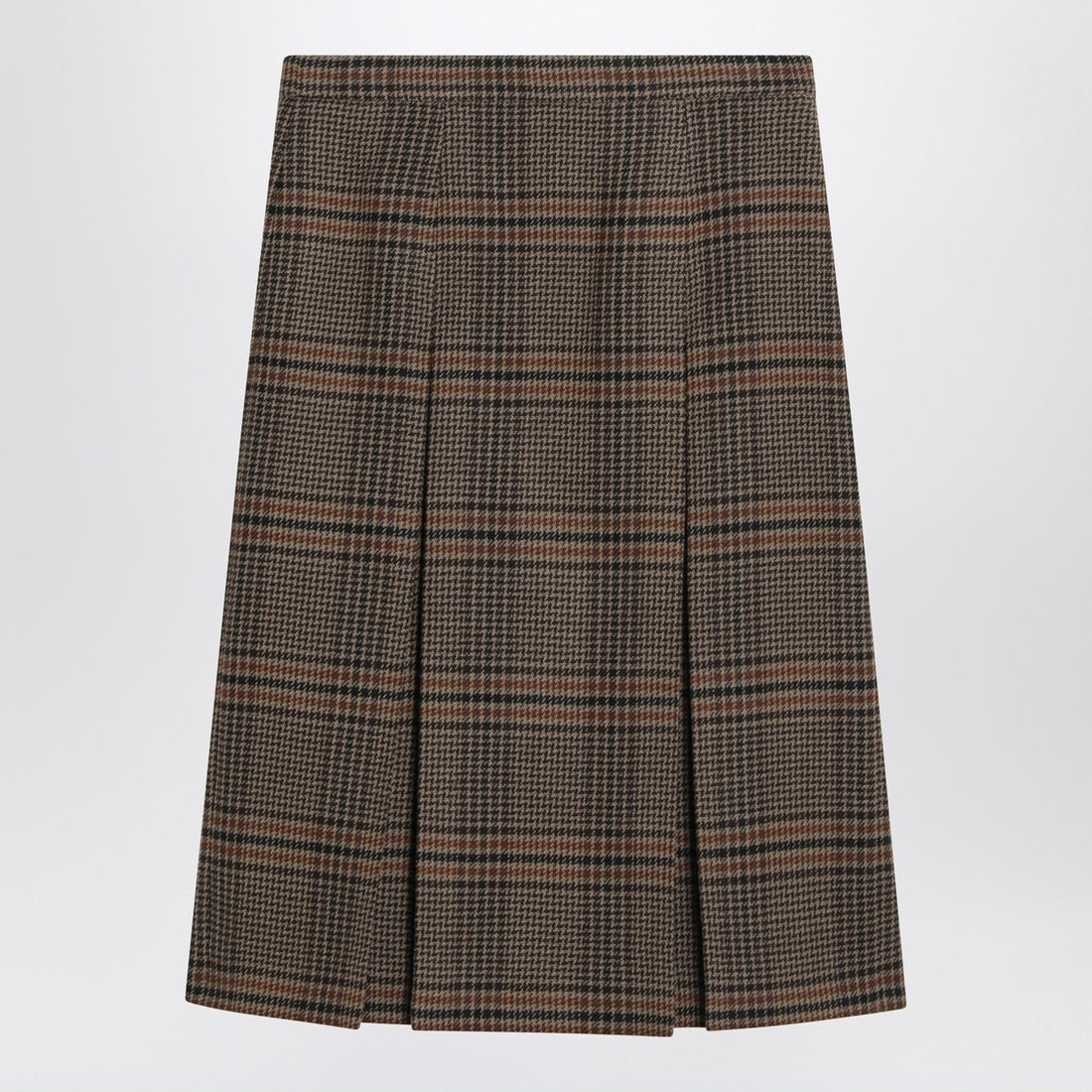 Saint Laurent Prince of Wales Wool Midi Skirt Brown