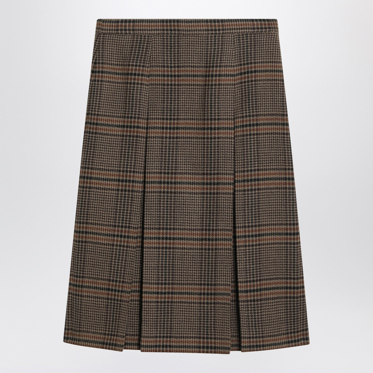 Saint Laurent Prince of Wales Wool Midi Skirt Brown