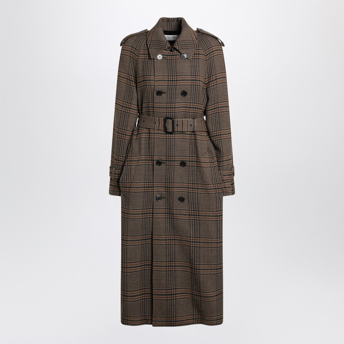 Saint Laurent Double-Breasted Prince of Wales Wool Coat Brown