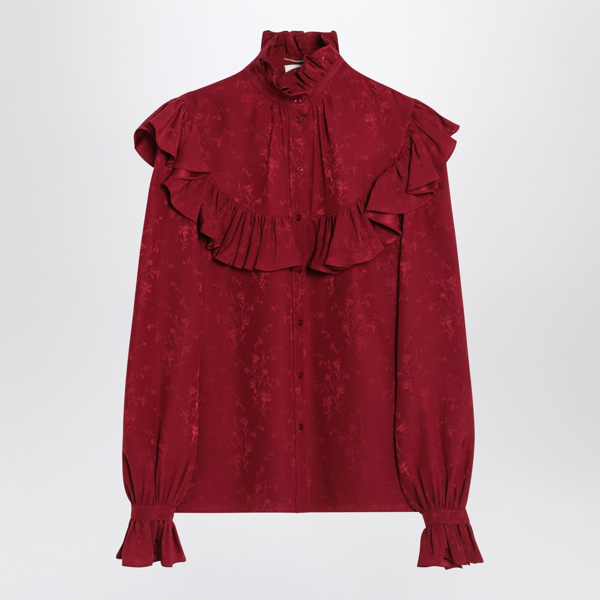 Saint Laurent Red Damask Silk Ruffled Shirt Red