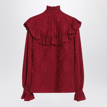 Saint Laurent Red Damask Silk Ruffled Shirt Red