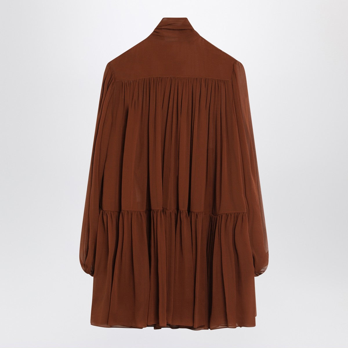 Saint Laurent Rust Silk Crepe Lavallière Dress with Tiered Skirt Brown