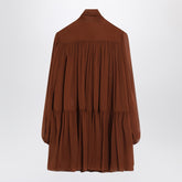 Saint Laurent Rust Silk Crepe Lavallière Dress with Tiered Skirt Brown