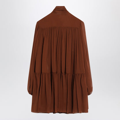 Saint Laurent Rust Silk Crepe Lavallière Dress with Tiered Skirt Brown