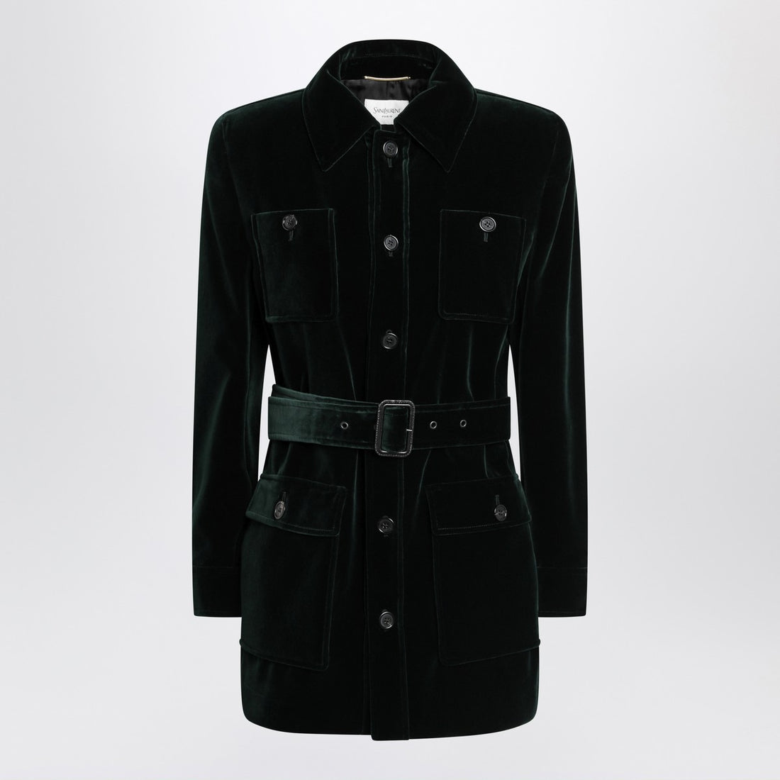 Saint Laurent Green Cotton Velvet Safari Jacket with Removable Belt Black