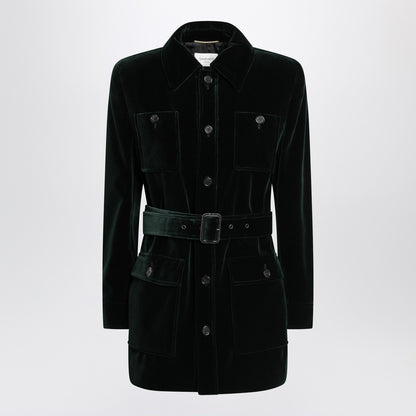 Saint Laurent Green Cotton Velvet Safari Jacket with Removable Belt Black