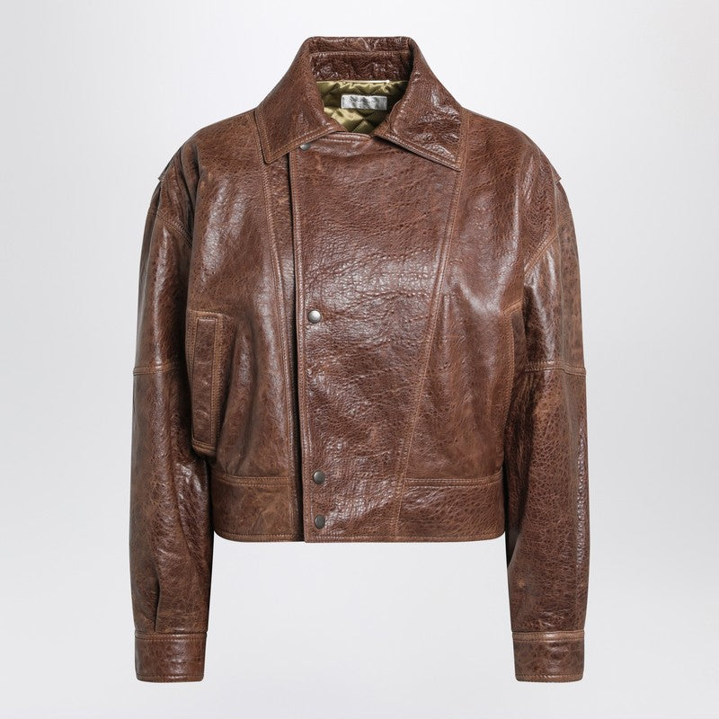 Saint Laurent Aged Leather Bomber Jacket in Brown