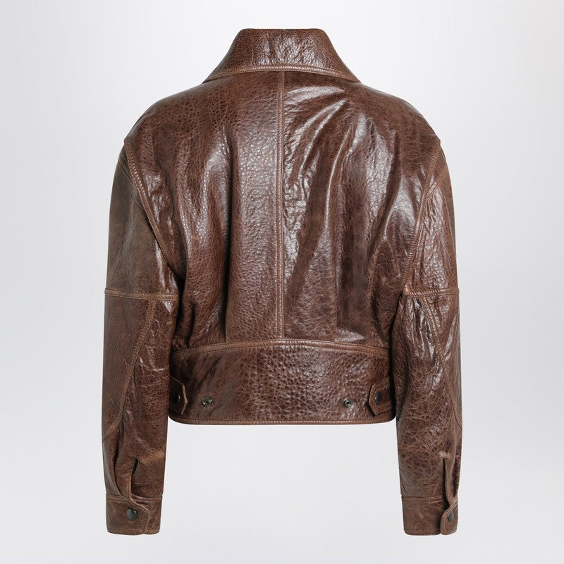 Saint Laurent Aged Leather Bomber Jacket in Brown